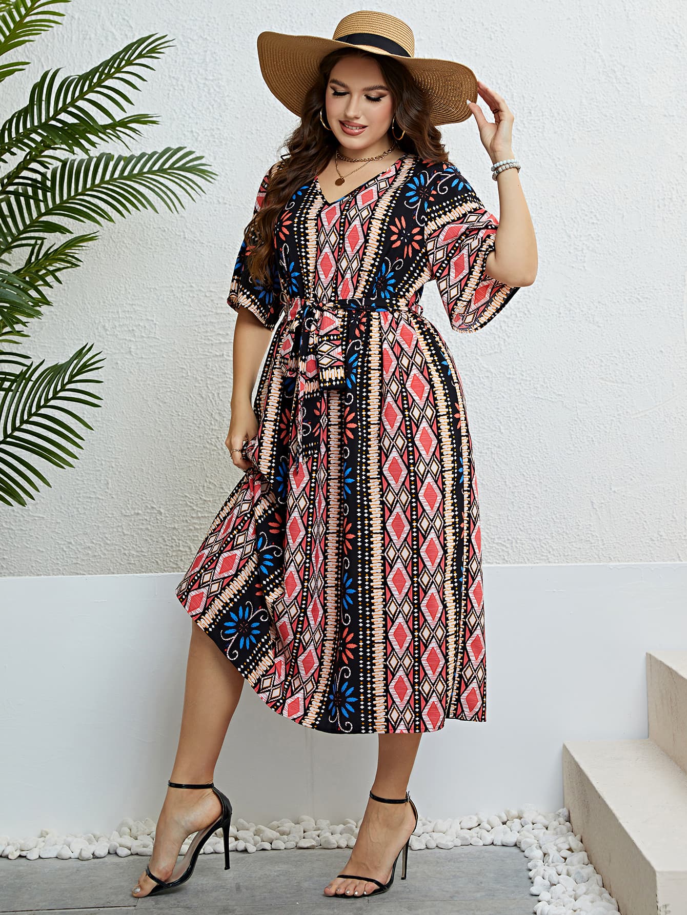 Plus Size Bohemian V-Neck Tie Belt Midi Dress-Angel Casuals