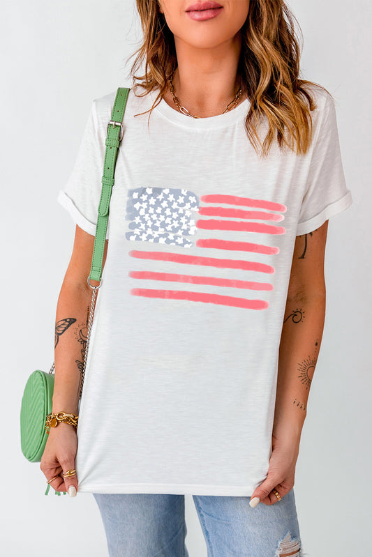 US Flag Round Neck Short Sleeve T-Shirt-Angel Casuals