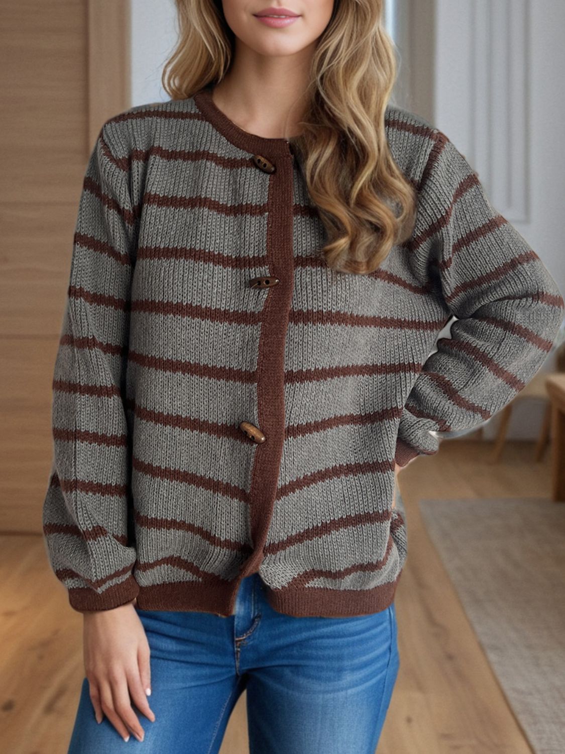 Striped Round Neck Long Sleeve Cardigan-Angel Casuals