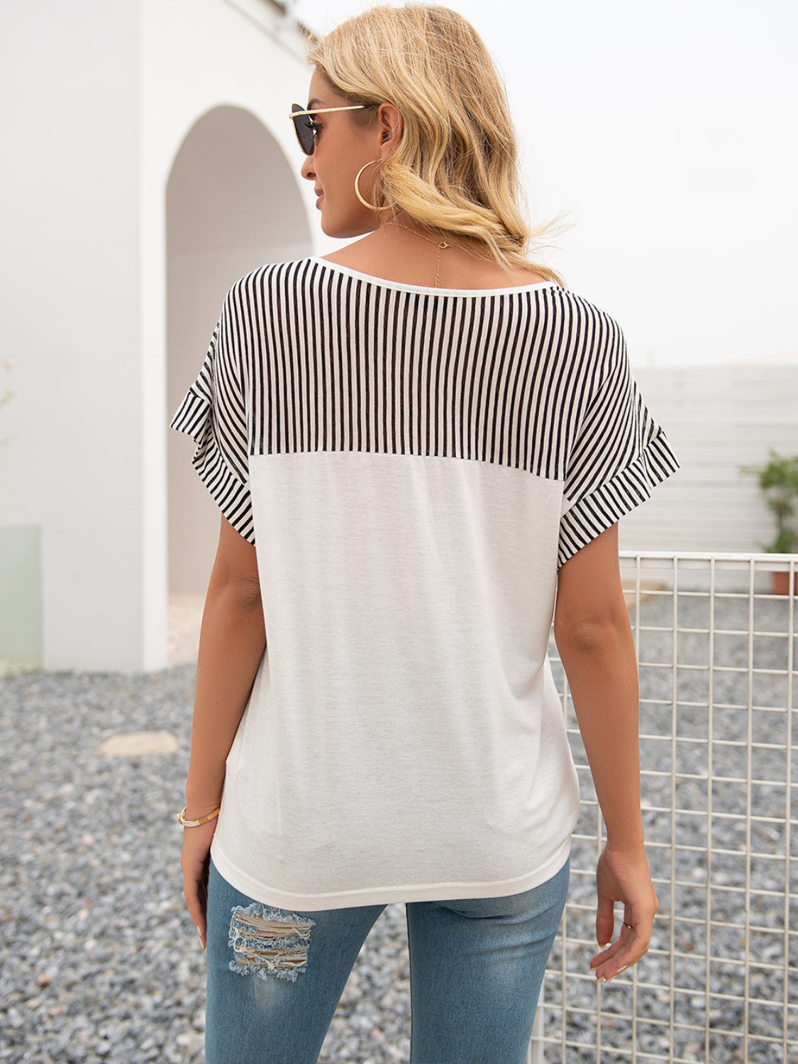 Striped V-Neck Short Sleeve T-Shirt-Angel Casuals