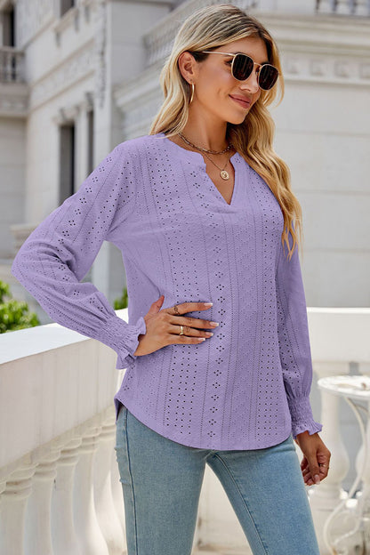 Eyelet Notched Lantern Sleeve T-Shirt-Angel Casuals