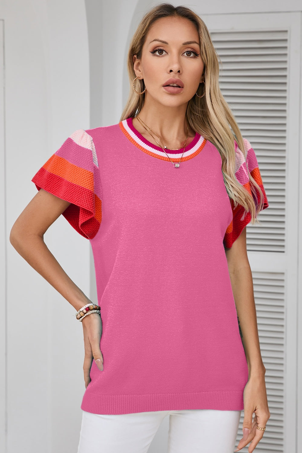 Color Block Round Neck Knit Top-Angel Casuals