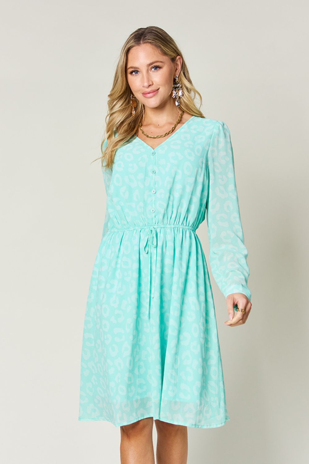 Double Take Full Size Printed Ruched V-Neck Long Sleeve Dress-Angel Casuals