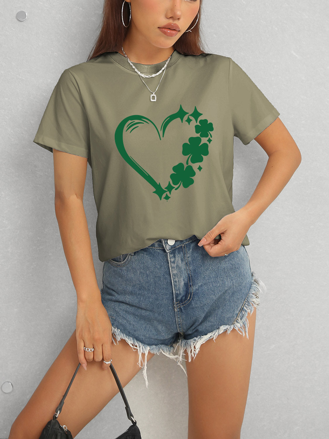 Heart Lucky Clover Round Neck Short Sleeve T-Shirt-Angel Casuals