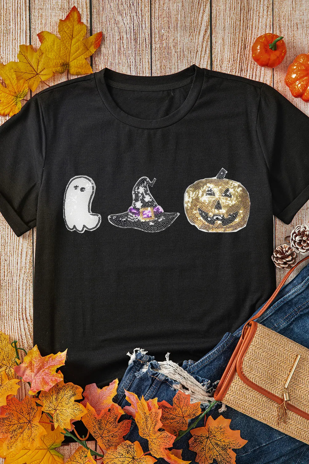 Sequin Round Neck Short Sleeve T-Shirt-Angel Casuals