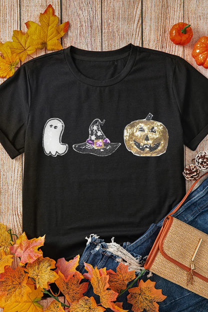 Sequin Round Neck Short Sleeve T-Shirt-Angel Casuals