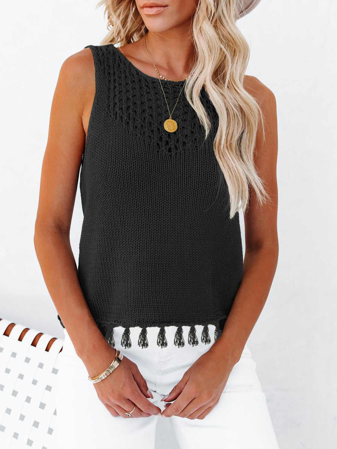 Cutout Tassel Round Neck Tank-Angel Casuals