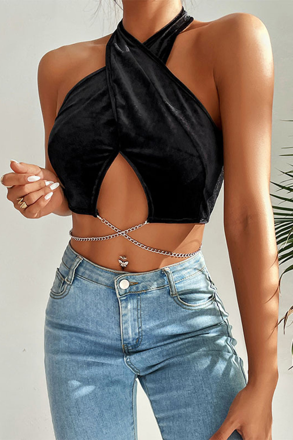 Chain Detail Halter Neck Velvet Cropped Top-Angel Casuals