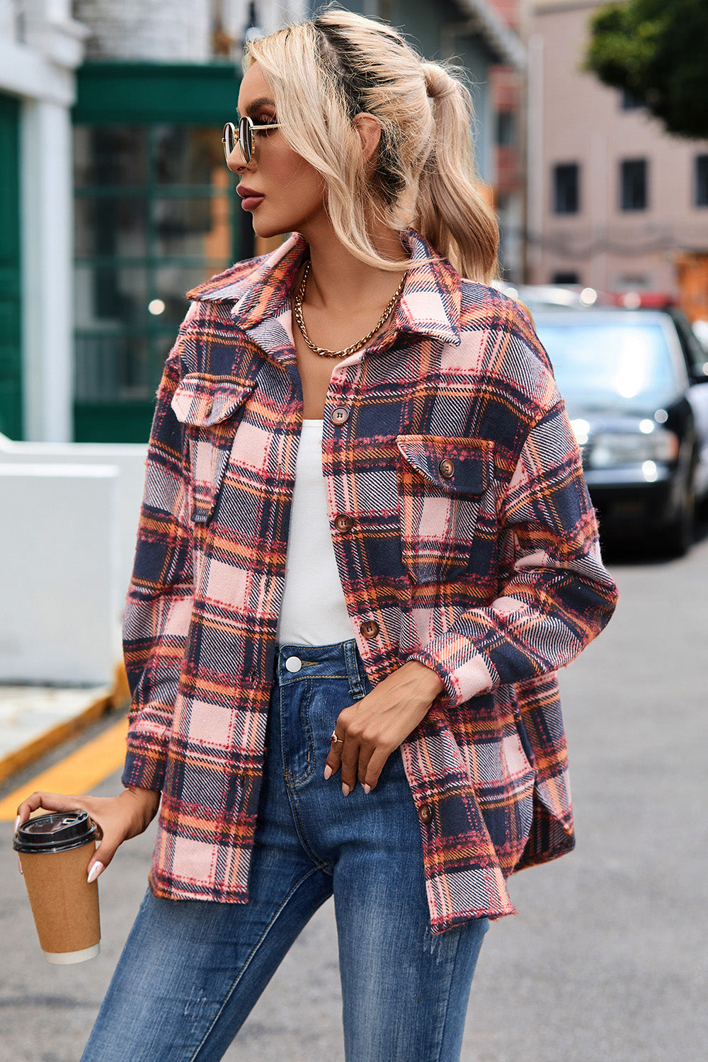 Plaid Dropped Shoulder Shirt Jacket-Angel Casuals