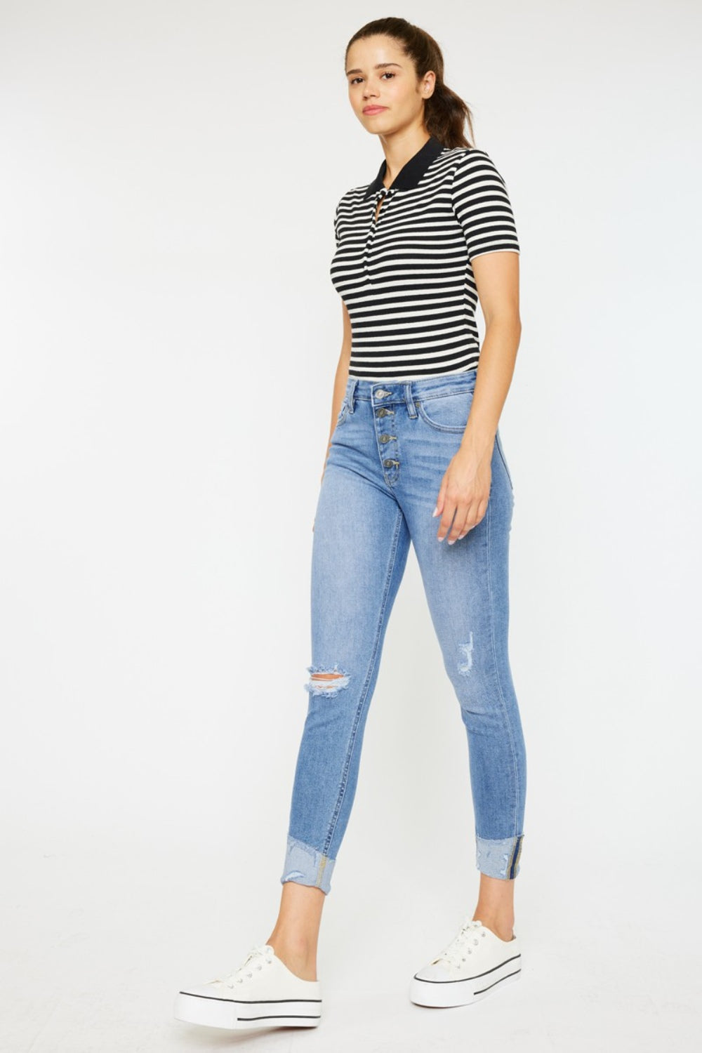 Kancan Distressed Cat's Whiskers Button Fly Jeans-Angel Casuals