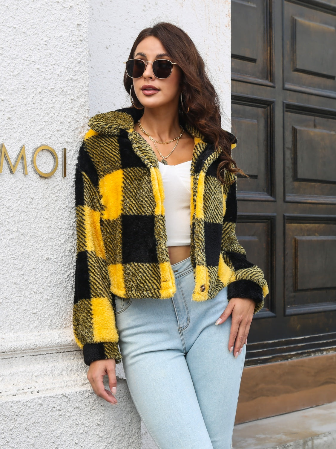 Plaid Dropped Shoulder Buttoned Jacket-Angel Casuals