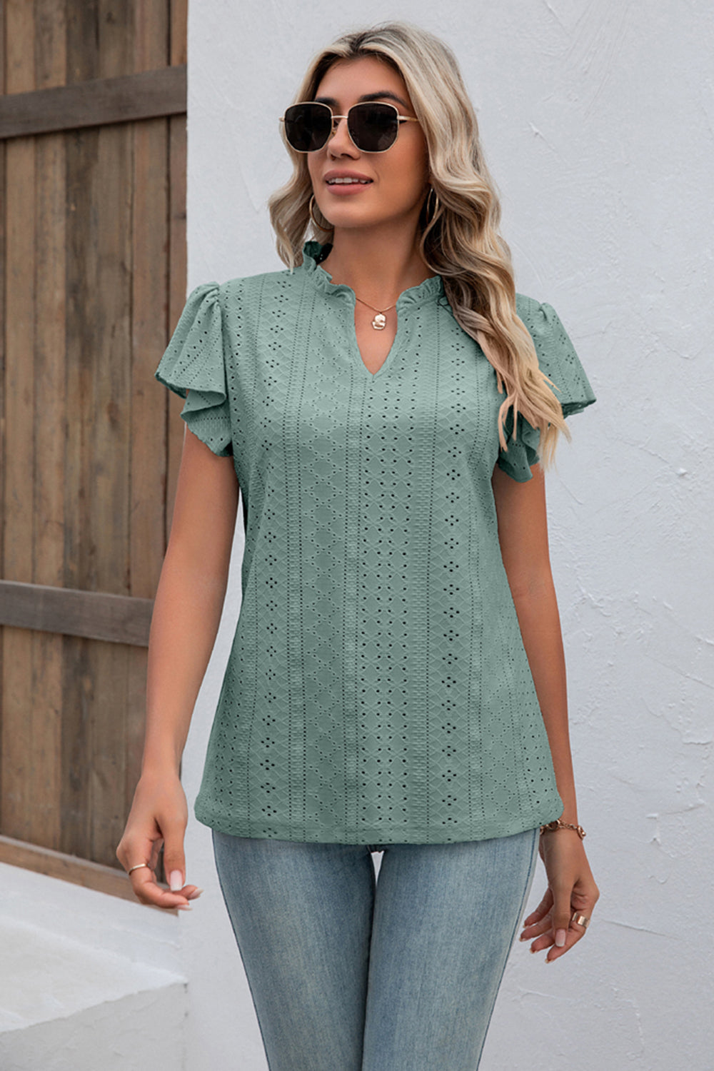 Eyelet Notched Neck Flutter Sleeve Top-Angel Casuals