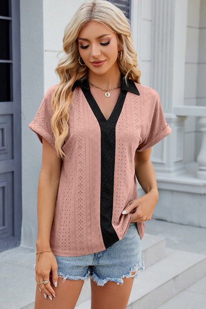 Eyelet Johnny Collar Short Sleeve T-Shirt-Angel Casuals