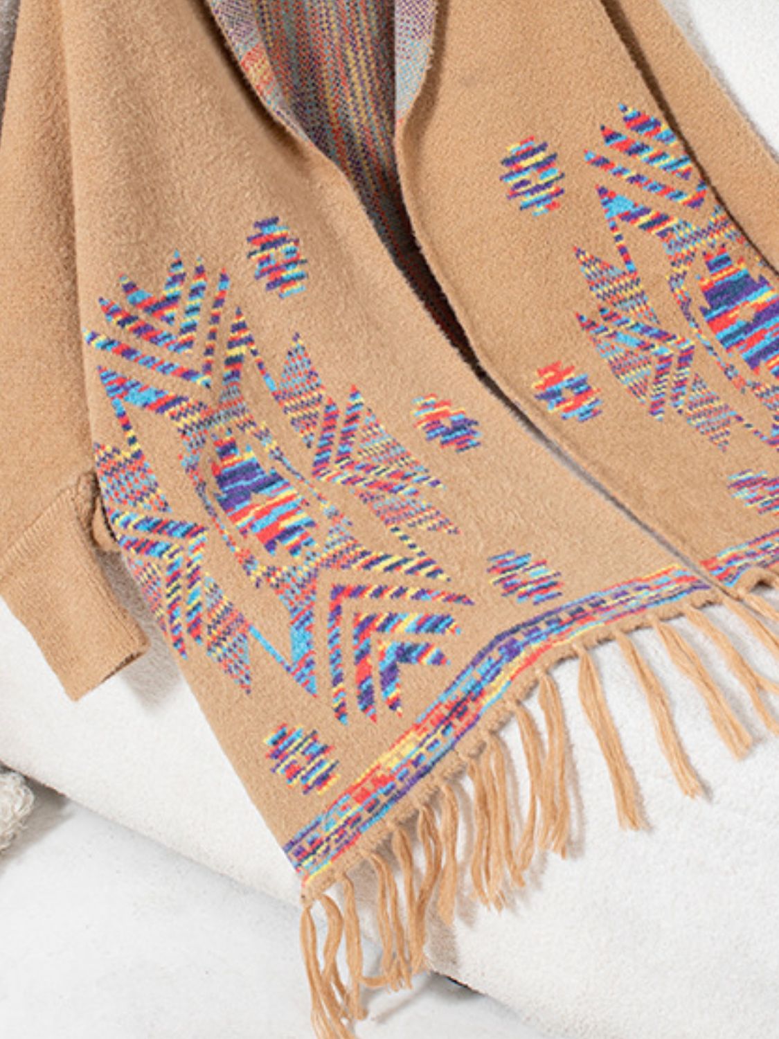 Fringe Geometric Open Front Long Sleeve Cape-Angel Casuals