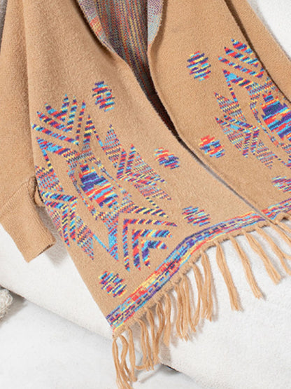Fringe Geometric Open Front Long Sleeve Cape-Angel Casuals