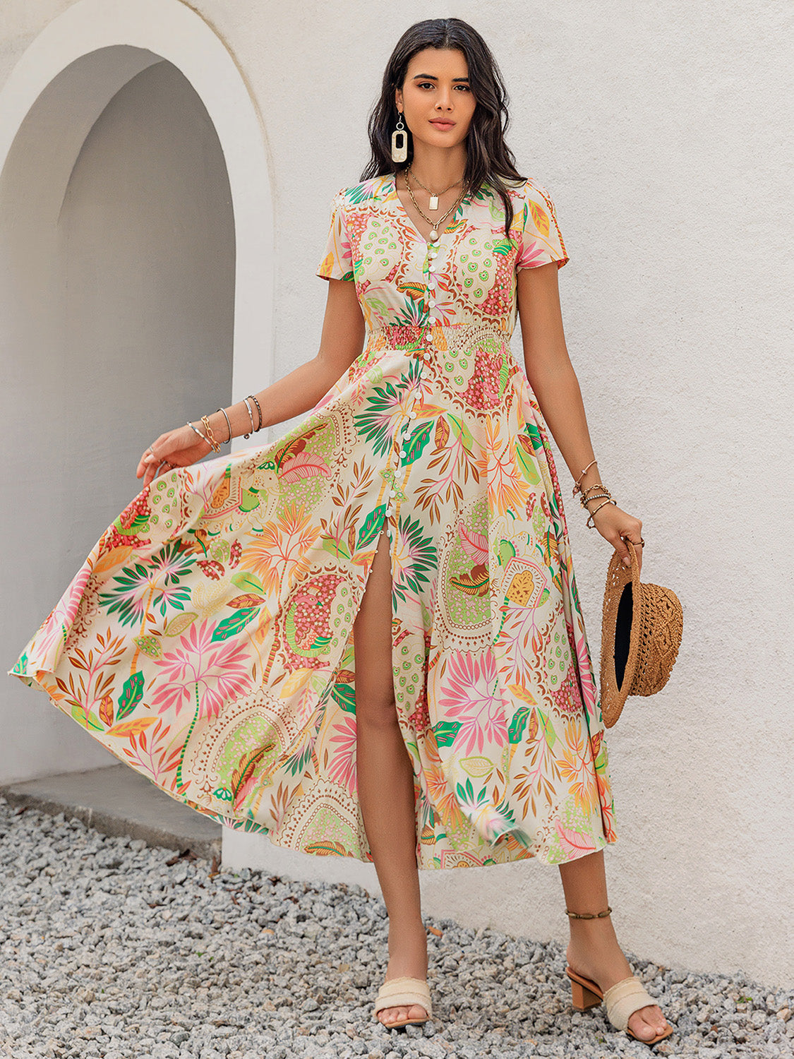 Printed V-Neck Short Sleeve Midi Dress-Angel Casuals