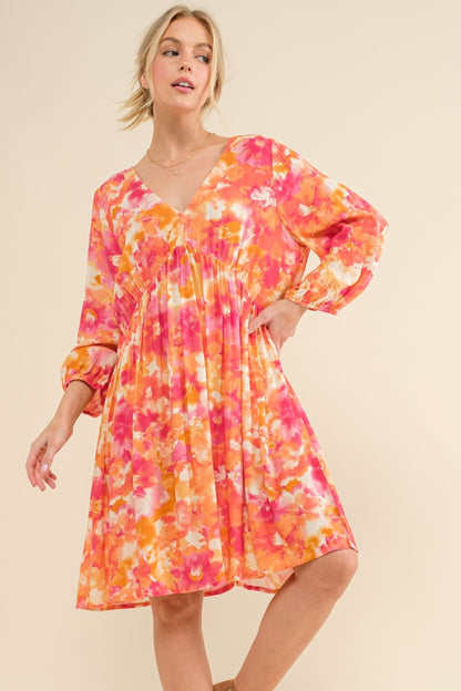 And The Why Full Size Printed Tie Back Long Sleeve Dress-Angel Casuals