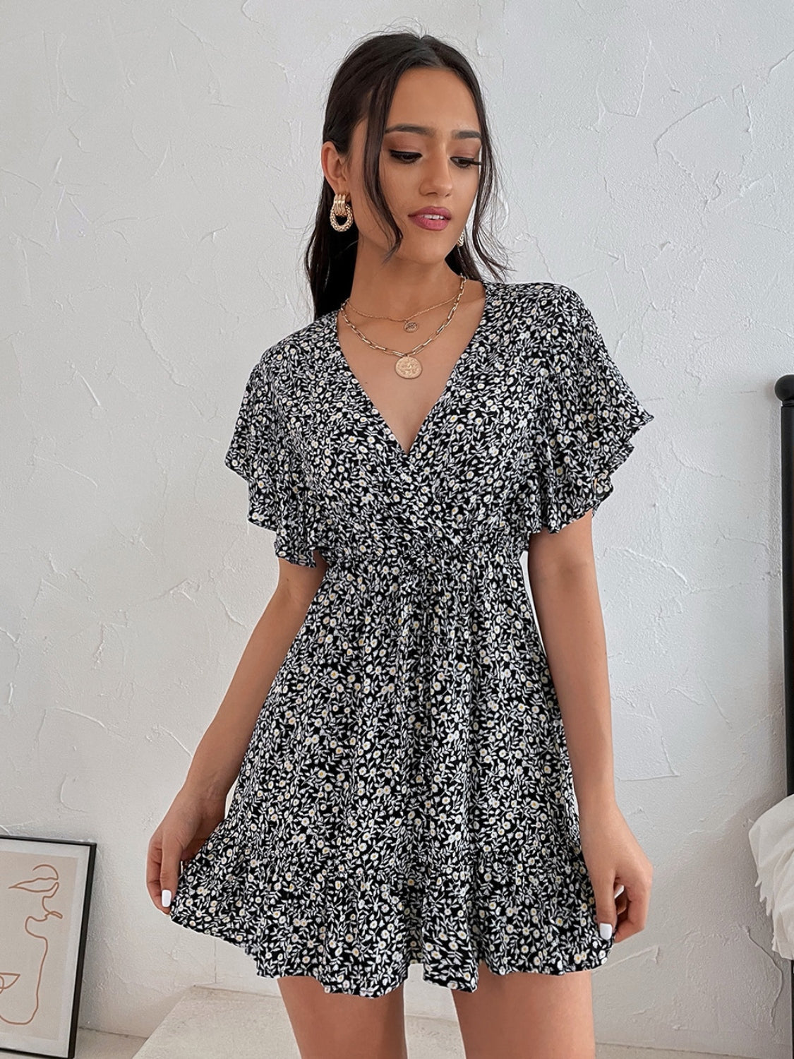 Cutout Ditsy Floral Surplice Flounce Sleeve Dress-Angel Casuals