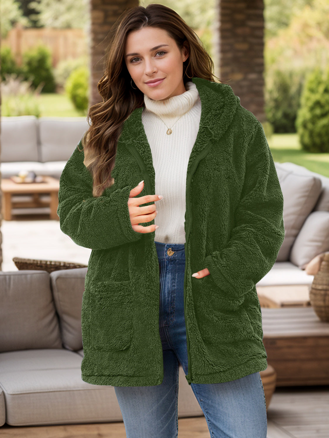 Plus Size Zip Up Long Sleeve Hooded Outerwear-Angel Casuals
