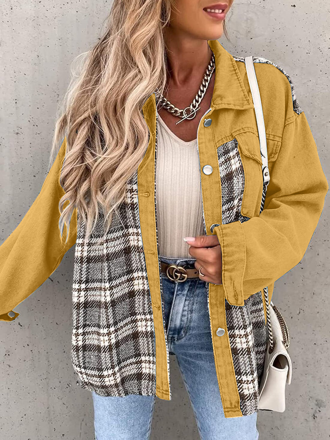 Plaid Button Up Dropped Shoulder Jacket-Angel Casuals