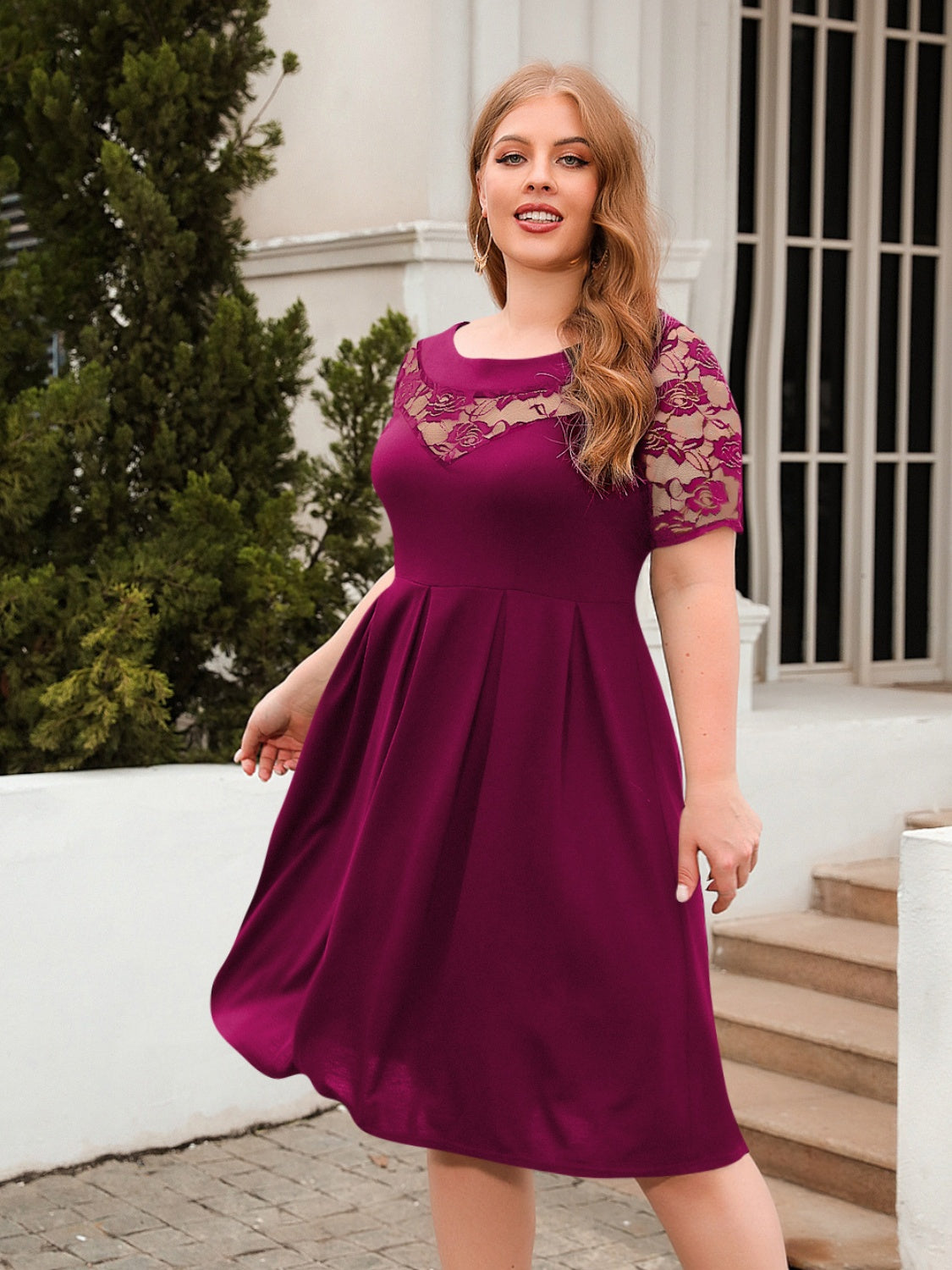 Plus Size Ruched Round Neck Short Sleeve Dress-Angel Casuals