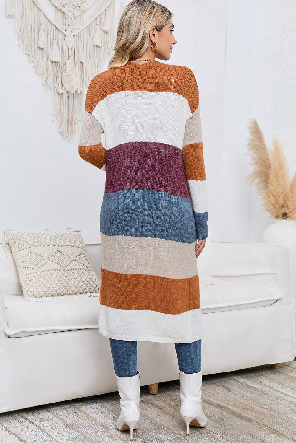 Long Color Block Open Front Pocketed Cardigan-Angel Casuals