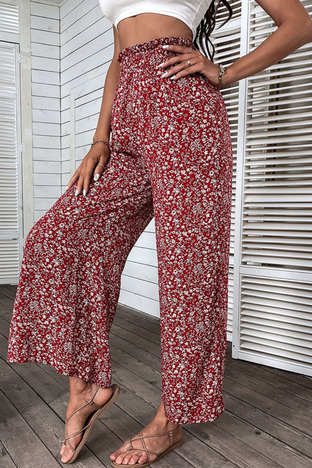 Ditsy Floral Slit Paperbag Waist Wide Leg Pants-Angel Casuals