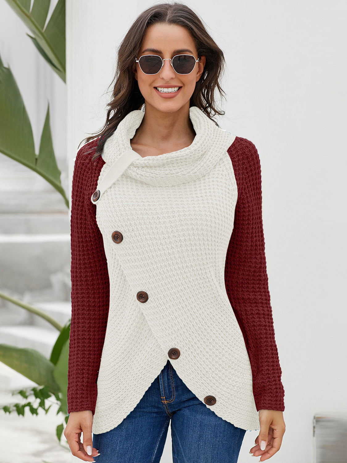 Contrast Decorative Button Turtleneck Sweater-Angel Casuals