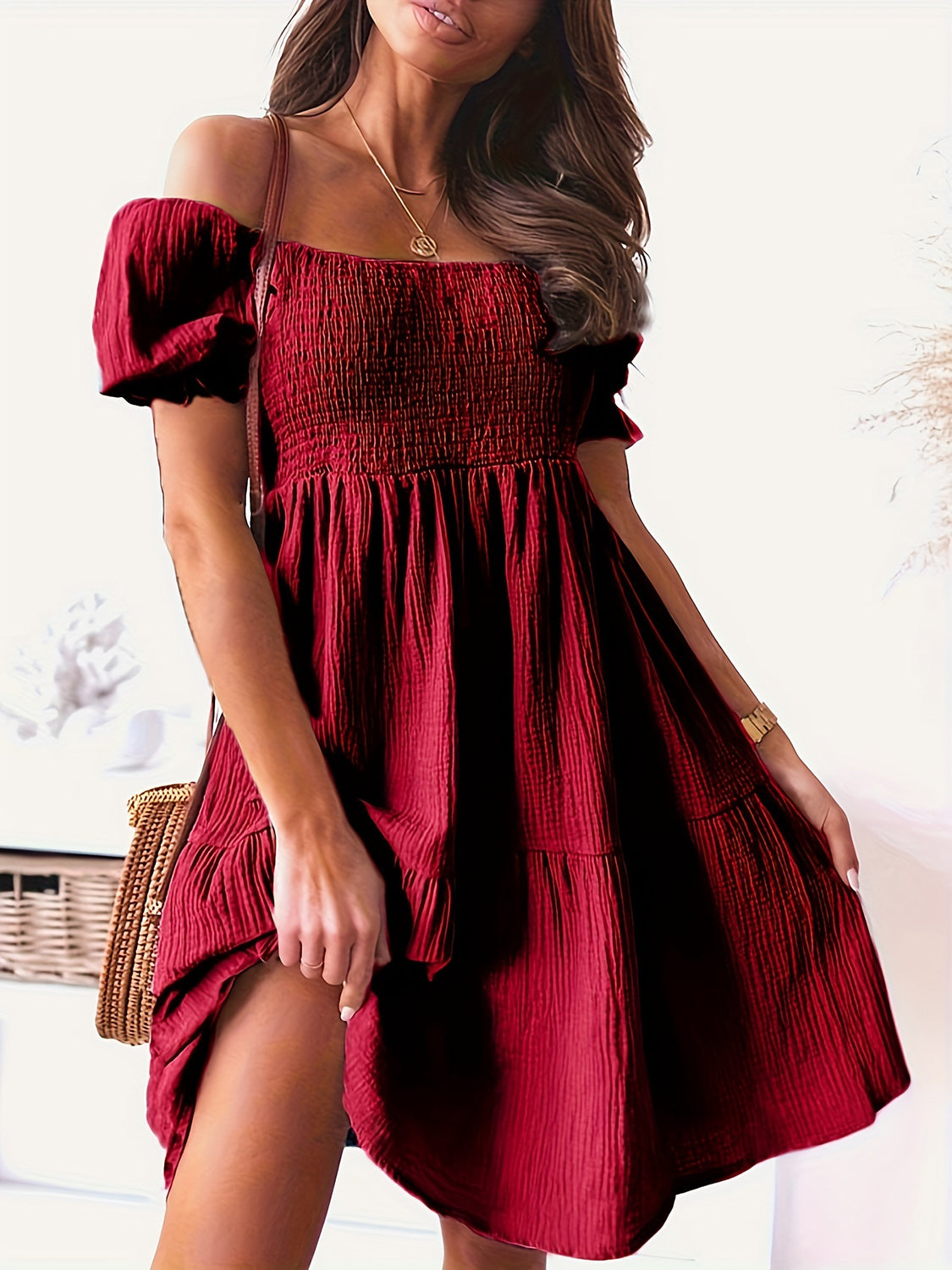 Full Size Ruffled Off-Shoulder Short Sleeve Dress-Angel Casuals