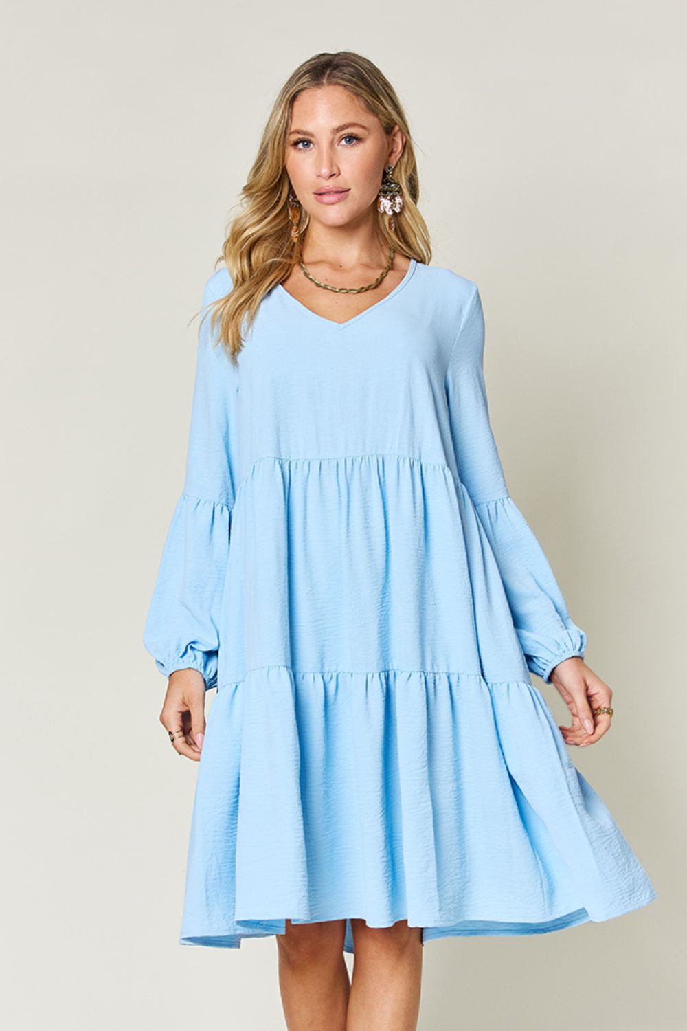 Double Take Full Size V-Neck Balloon Sleeve Tiered Dress-Angel Casuals