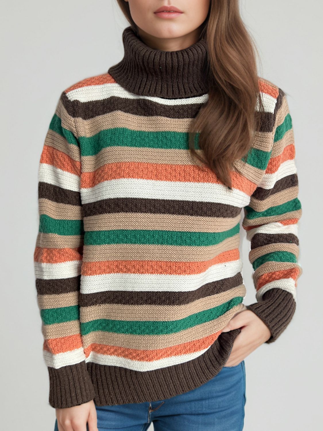 Contrast Stripes Turtleneck Long Sleeve Sweater-Angel Casuals