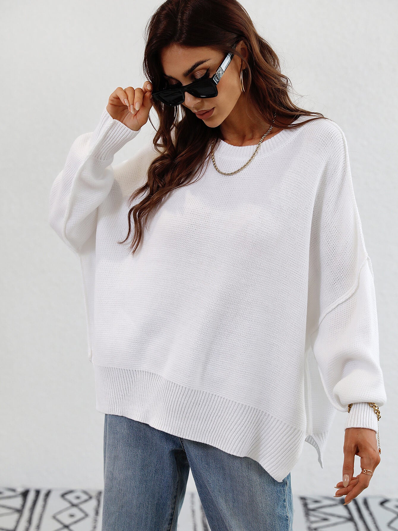 Exposed Seam Dropped Shoulder Slit Sweater-Angel Casuals