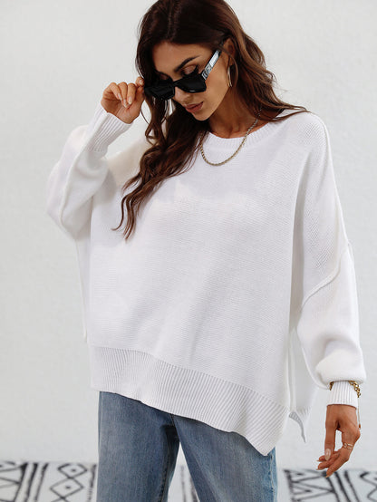 Exposed Seam Dropped Shoulder Slit Sweater-Angel Casuals