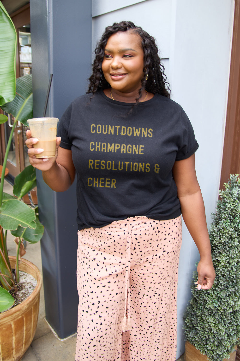 Simply Love Full Size COUNTDOWNS CHAMPAGNE RESOLUTIONS & CHEER Round Neck T-Shirt-Angel Casuals