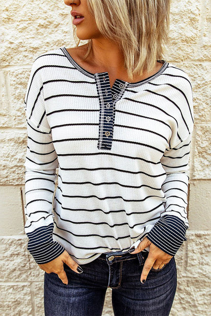 Striped Waffle Knit Henley Long Sleeve Top-Angel Casuals