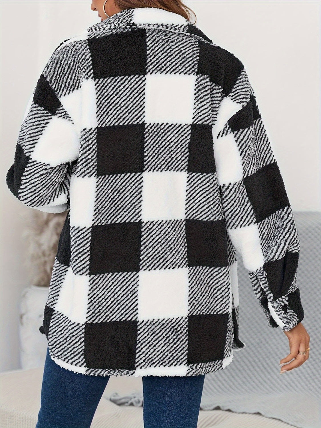 Plaid Button Up Long Sleeve Fuzzy Outerwear-Angel Casuals