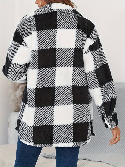 Plaid Button Up Long Sleeve Fuzzy Outerwear-Angel Casuals