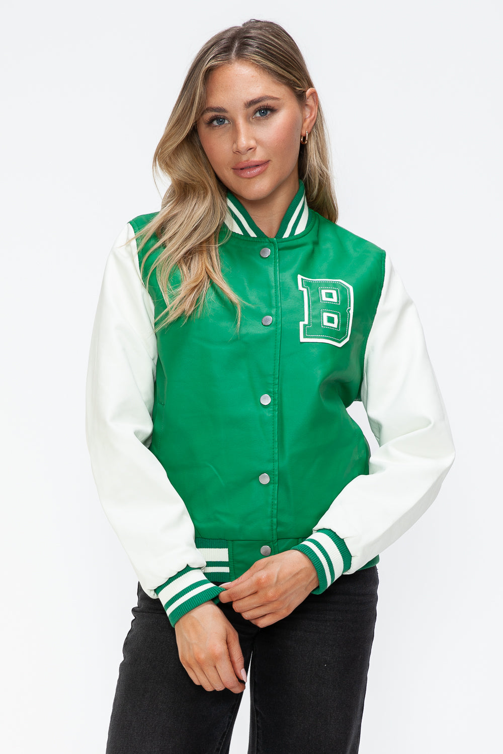 Love Me Now PU Leather Contrast Snap Down Bomber Jacket-Angel Casuals