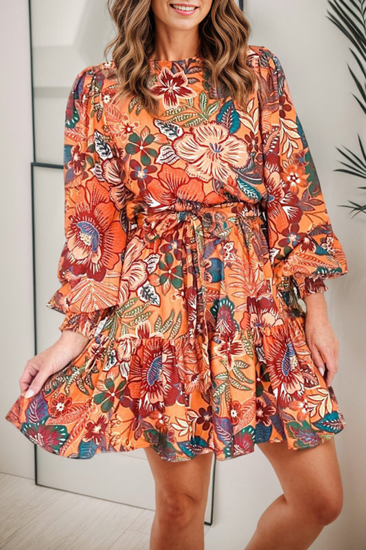 Tropical Print Tie Waist Lantern Sleeve Mini Dress-Angel Casuals