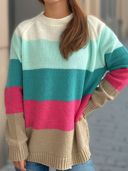 Color Block Round Neck Long Sleeve Sweater-Angel Casuals