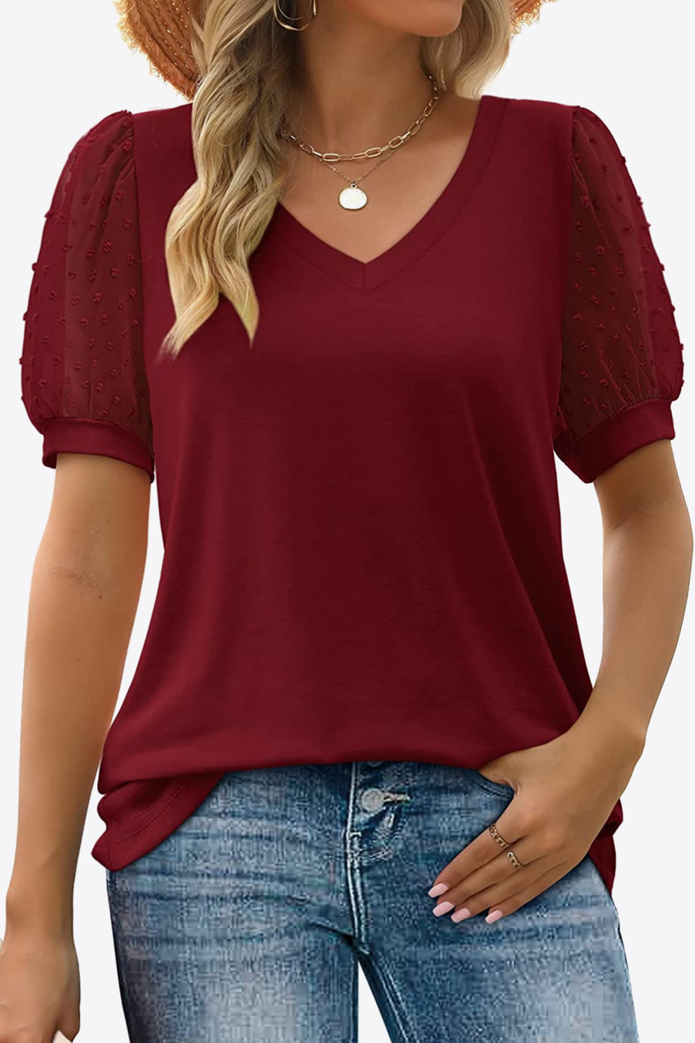 Swiss Dot Puff Sleeve V-Neck Tee-Angel Casuals