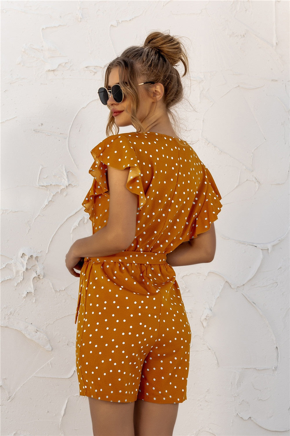 Ruffled Polka Dot Half Button Romper-Angel Casuals