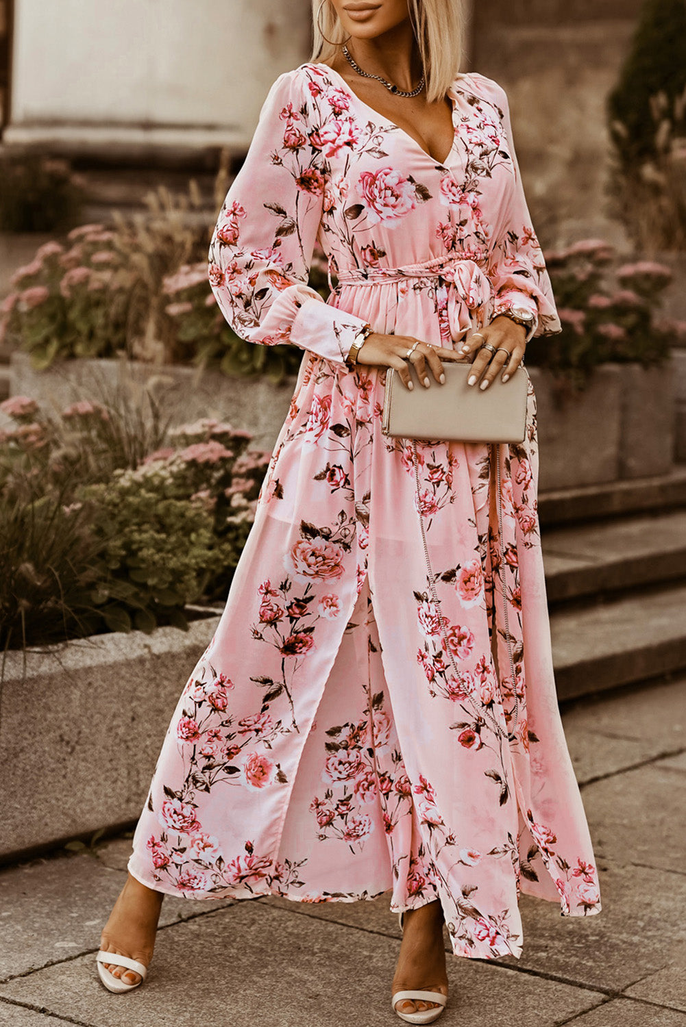 Floral Tie Belt Bishop Sleeve Slit Maxi Dress-Angel Casuals