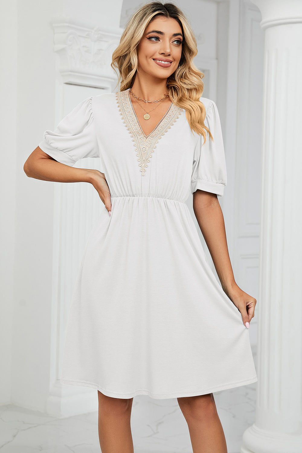 V-Neck Puff Sleeve Dress-Angel Casuals