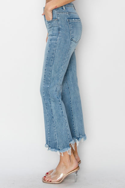 RISEN Full Size High Rise Frayed Hem Flare Jeans-Angel Casuals