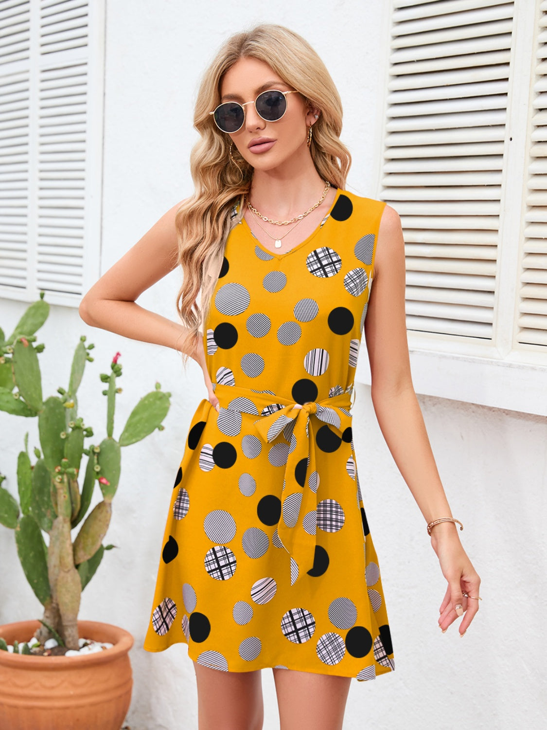 Tied Polka Dot V-Neck Dress-Angel Casuals