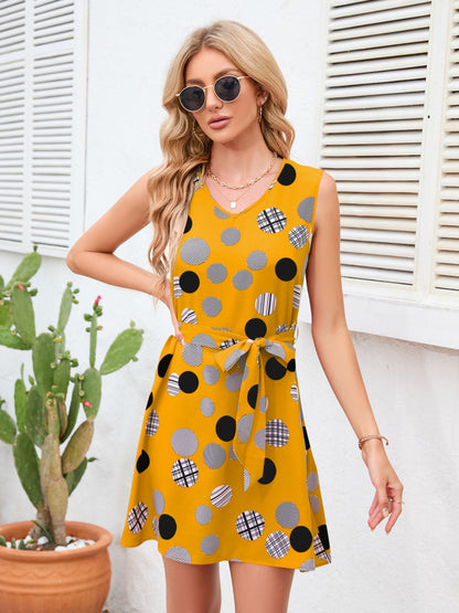 Tied Polka Dot V-Neck Dress-Angel Casuals