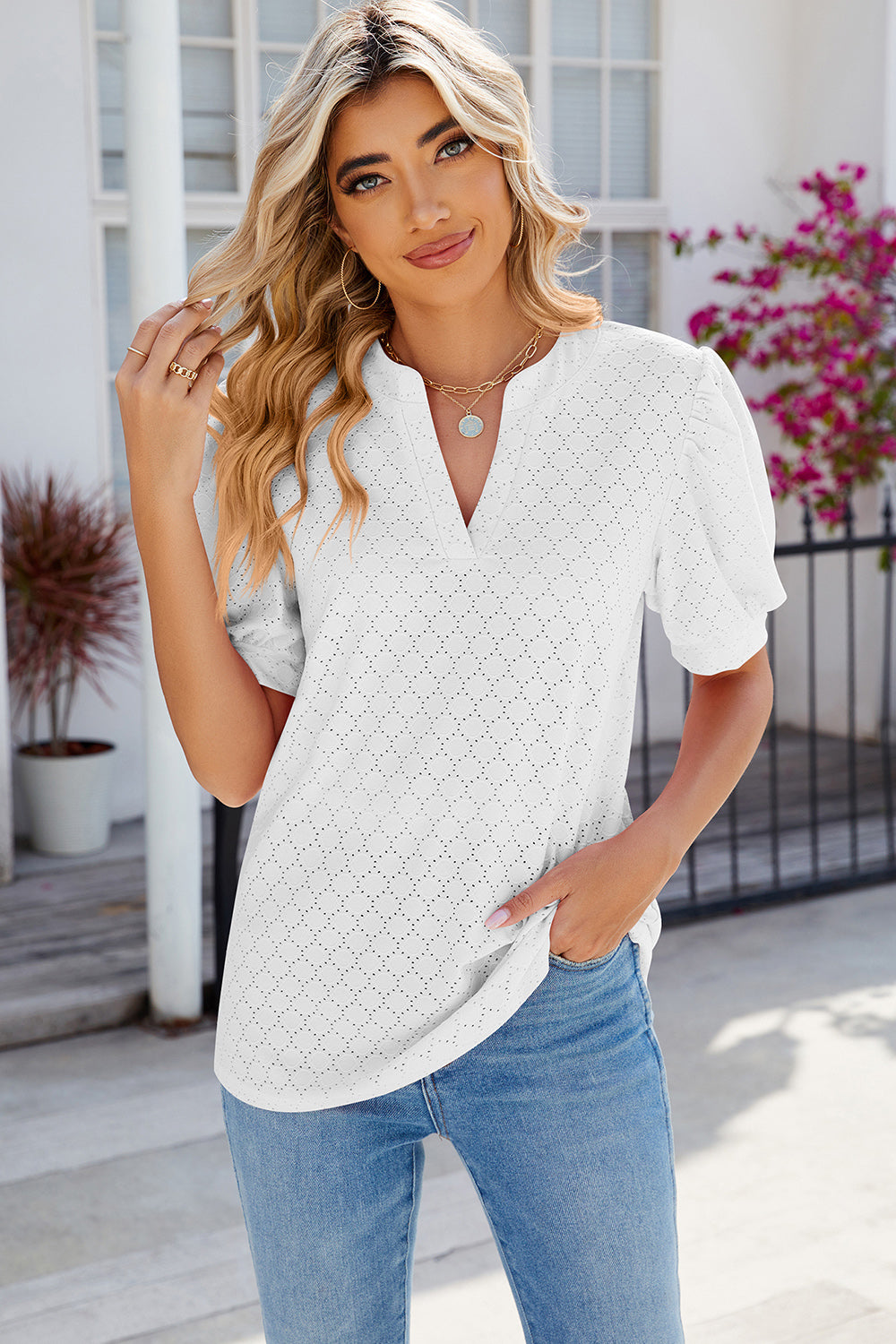 Eyelet Notched Puff Sleeve T-Shirt-Angel Casuals