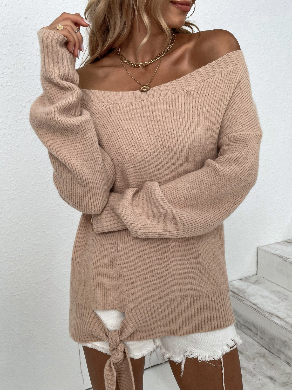 Ribbed Tied Off-Shoulder Sweater-Angel Casuals