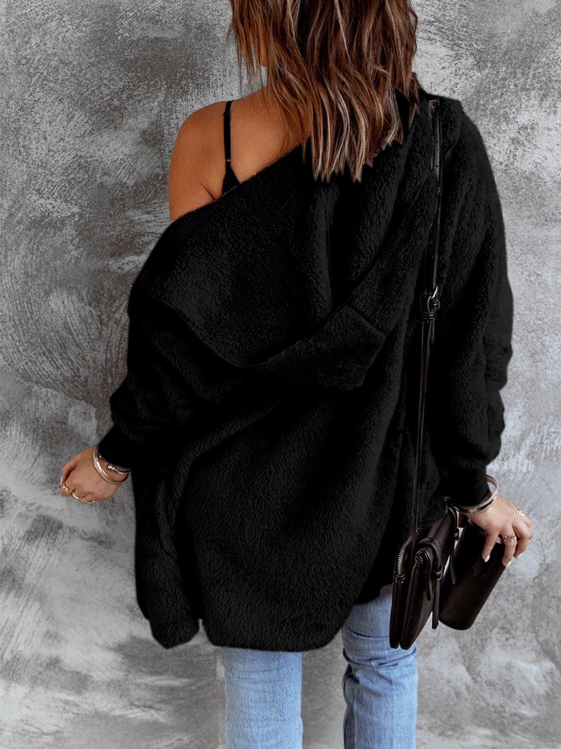 Open Front Hooded Faux Fur Outwear with Pockets-Angel Casuals